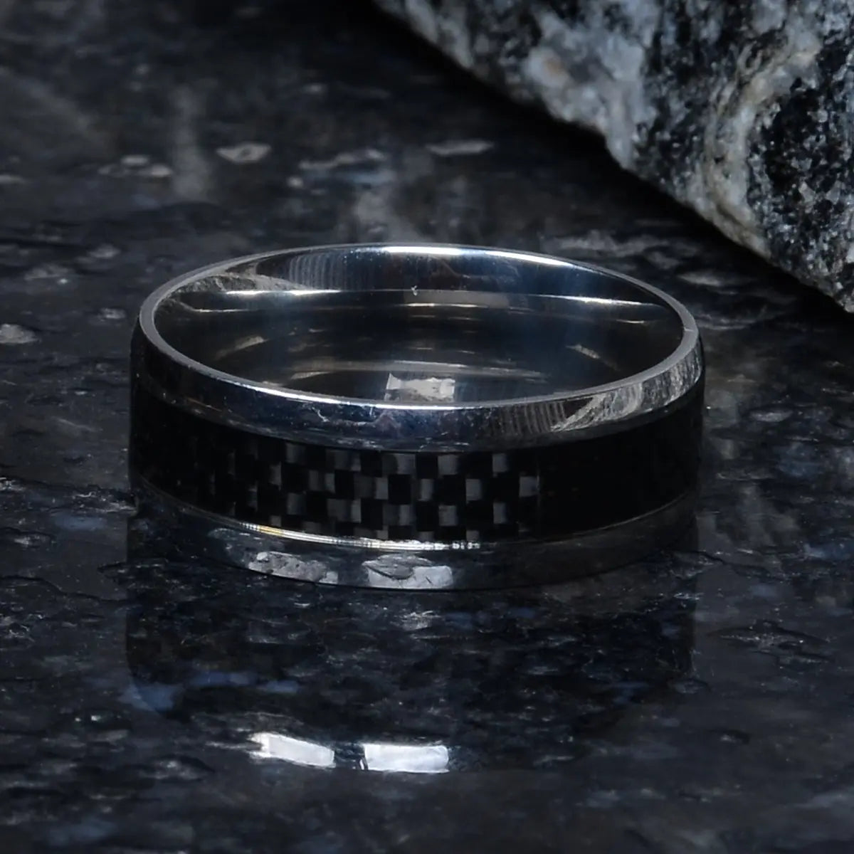 Steel ring for men with black design by Supreme Stud